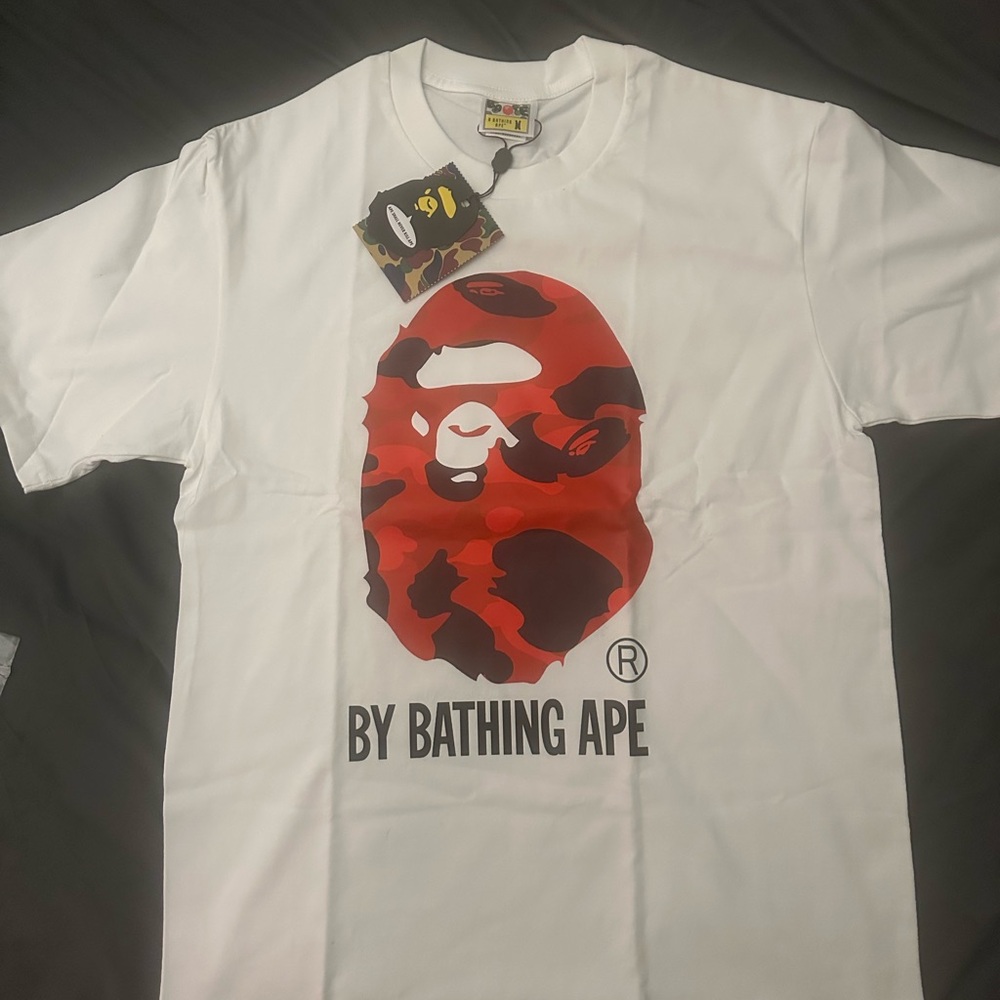 Bape White Tee with Bold Red Ape Graphic